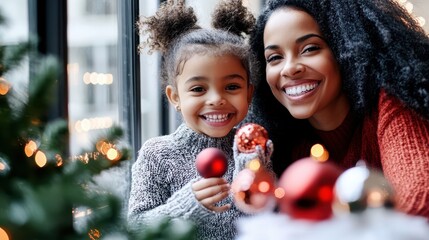 Joyful Holiday Moments: A heartwarming scene unfolds as a mother and daughter share a moment of holiday joy, smiling warmly, and holding Christmas ornaments, with a Christmas tree.