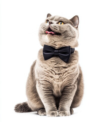 British Shorthair cat with bow tie sits with its tongue out, looking playful and elegant against white background. cat fur is plush and its expression is charming