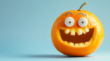Funny orange fruit face with wide open mouth and teeth on blue background, copy space. Alive food character