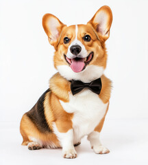 Cheerful Corgi dog with bow tie sits happily, tongue out, against white background. dog playful expression and elegant accessory create charming and delightful scene