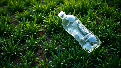 Crumpled plastic bottle on vivid green grass, top-down view in natural light. Clean, photorealistic composition with soft shadows and high detail