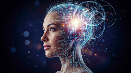 AI Woman: Futuristic Digital Brain, Circuitry, Neural Network, Abstract, Profile, Blue, Technology, Innovation,  Artificial Intelligence.