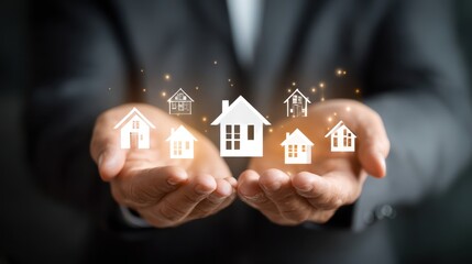 Real estate selling guide concept. Hands holding icons of various houses representing real estate concepts and home ownership.