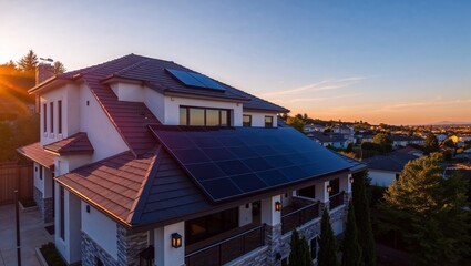 aerial view of solar panel installed on villa house drone view at sunset renewable energy 