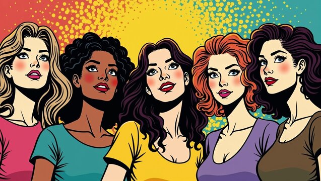 Vibrant pop art illustration of diverse, empowered women in rainbow tones. Bold, expressive style celebrating inclusion, pride, feminism, and unity