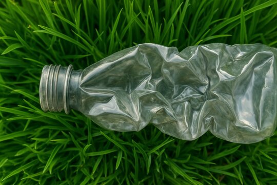 Crumpled plastic bottle on vivid green grass, top-down view in natural light. 