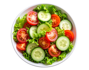 Fresh Morning Salad with Sliced Tomatoes and Cucumbers in White Bowl, Top View PNG