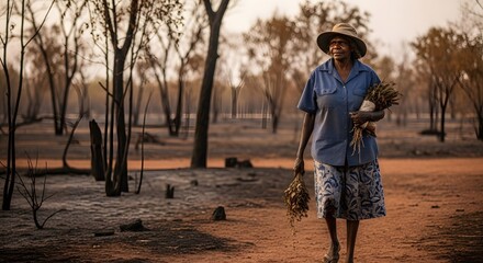 Indigenous woman walking in rural landscape carrying flowers