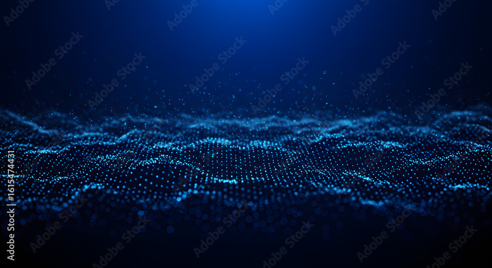 Poster abstract digital wave of glowing blue particles forming a futuristic data landscape with a shallow d