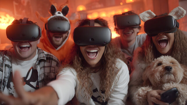 Group of friends wearing VR headsets laughing together during a fun virtual reality experience with cozy costumes and a dog