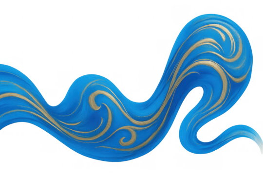 Flowing blue wave merging with golden spirals, representing fluid motion and digital artistic elegance on transparent backdrop