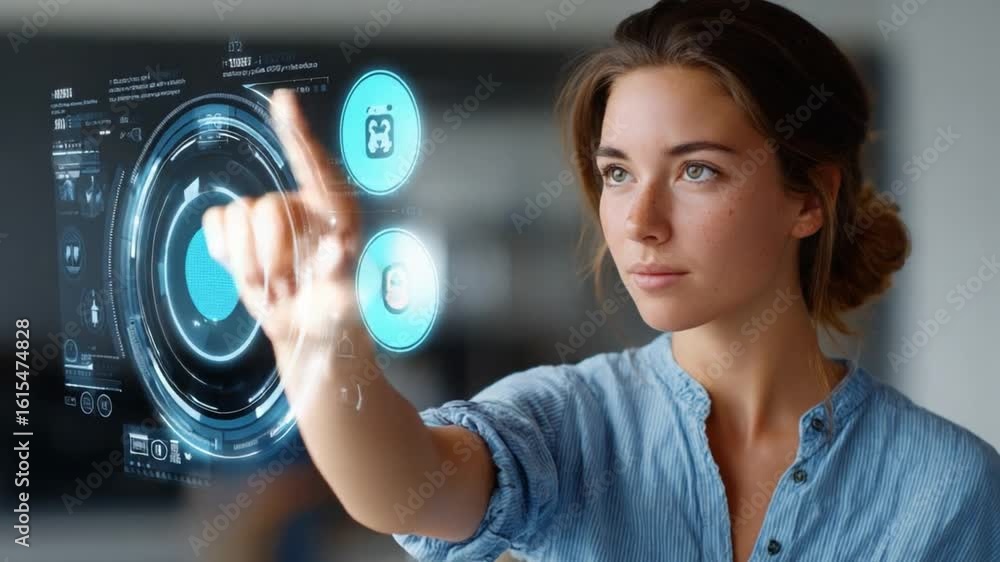 Poster tech interaction: a woman interacts with a futuristic interface, seamlessly manipulating holographic