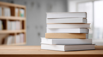 Fototapeta premium Stack of Books on Wooden Surface: A visually appealing stack of books rests gracefully on a wooden surface. The books, of varying sizes and colors, create a sense of knowledge and learning.