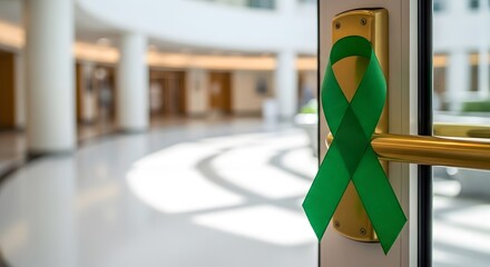 A vibrant green awareness ribbon hangs on a golden door handle in a bright, open building.