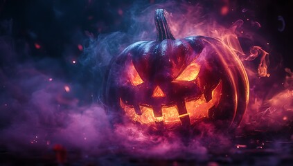 Glowing Jack O Lantern surrounded by purple and orange smoke and sparks halloween pumpkin