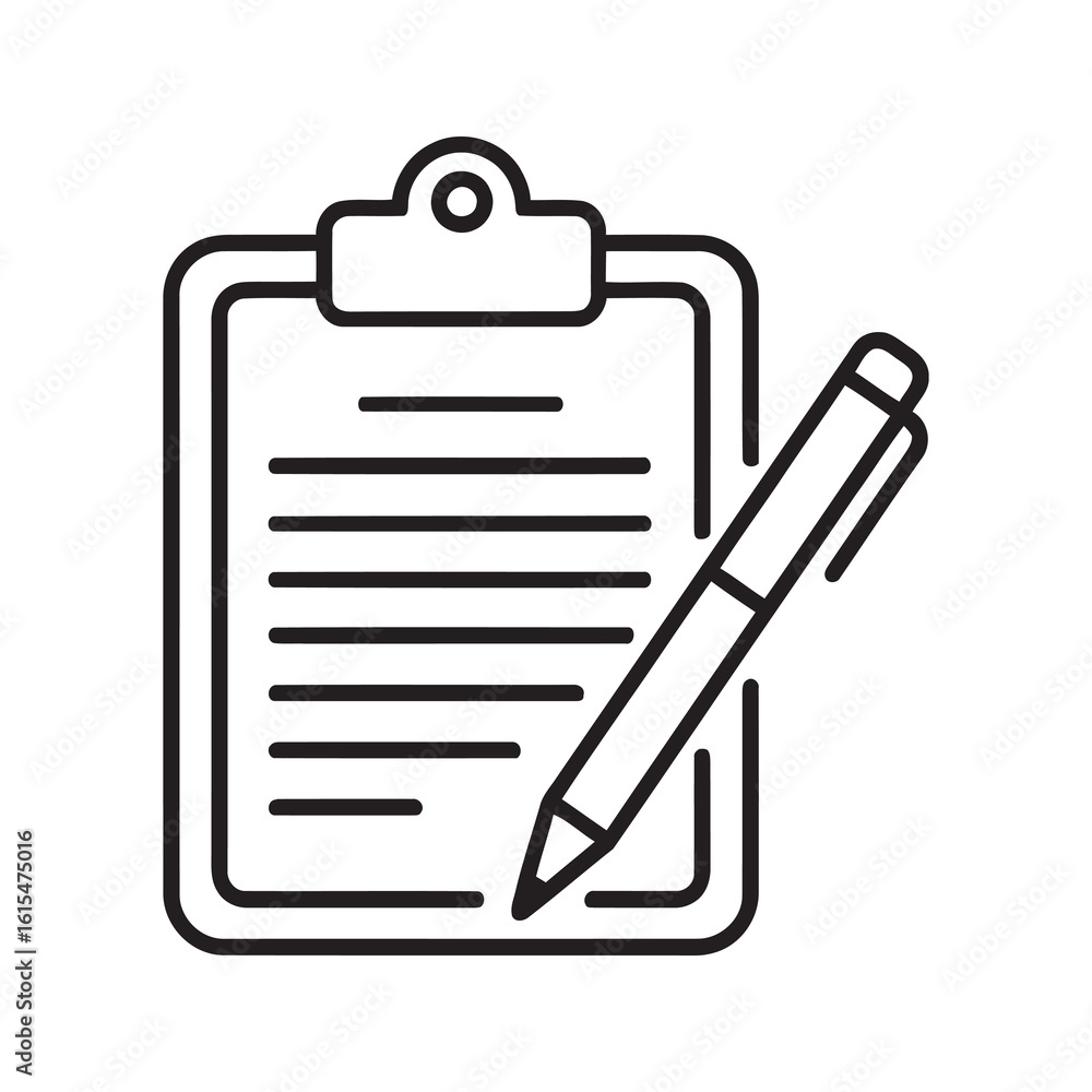 Poster clipboard with document and pen icon representing contract signing agreement form application and bu