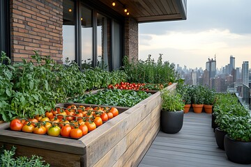 Urban farming on balcony with wooden planters full of herbs and vegetables in city view high resolution picture