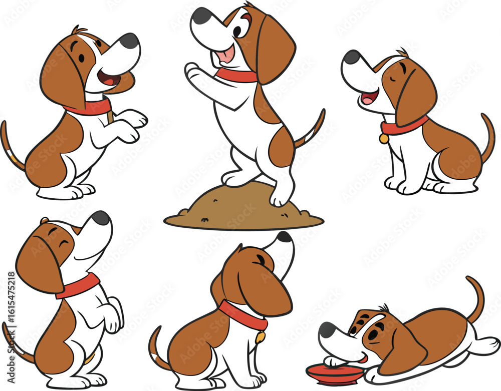 Poster vector art of a collection of adorable beagle puppy illustrations in various poses and expressions o