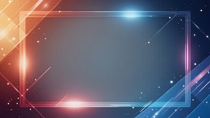 Futuristic red and blue neon light frame on a dark digital background with glowing particles and light streaks.