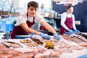 Positive young salesman demonstrating fresh calamary behind counter in fish store