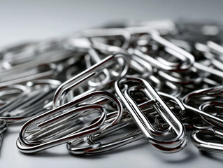 Metal paperclip set scattered randomly, clean white background