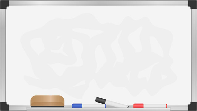 Minimal flat design of a whiteboard with red, blue, and black markers plus eraser. Great for use as an office or learning background element.