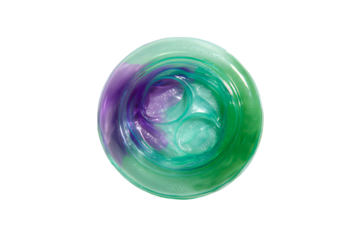 a green and purple glass with a white background