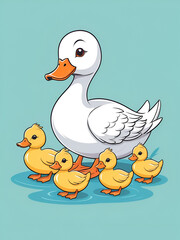 Duck with her cute ducklings cartoon illustration