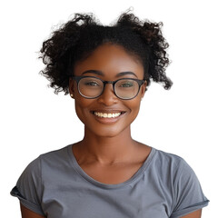Obraz premium A smiling Black woman with curly hair wearing glasses and a gray t-shirt. background removed