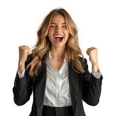A jubilant businesswoman celebrates success with a triumphant expression and raised fists. background removed