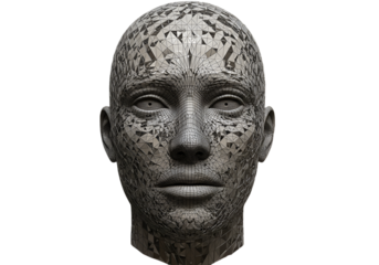 3D Abstract Metal Face Sculpture On Black Transparent Isolated Background