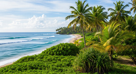 Idyllic tropical paradise coastline with lush green palm trees and a sandy beach by the sea.