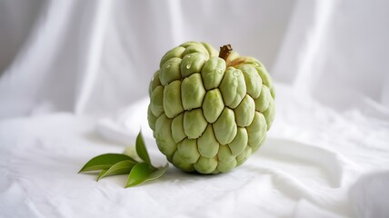 Fototapeta premium Custard apple fruit with green leaves on white fabric background