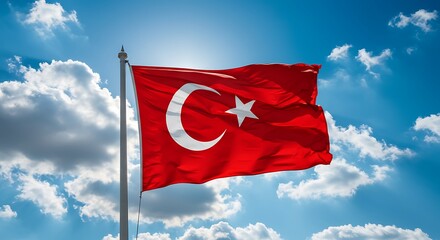 Patriotic Turkish Flag Waving Freely Against a Sunny, Cloudy Sky Symbol of Turkey, Independence, and National Pride