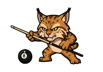 A Cute Cat Illustration Playing Billiards With Eight Ball On Black Background