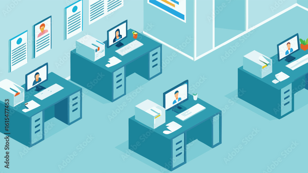 Poster isometric view of an office space with desks computers and documents in a light blue color scheme de