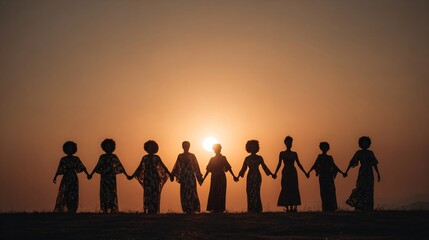 African women silhouette holding hands together on hill at sunset. Strong group of females empowering womanhood.