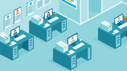Obraz premium Isometric view of an office space with desks computers and documents in a light blue color scheme design