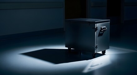 A metal cabinet with a door and handle sits in a spotlight, casting a strong shadow on a dark floor in a stark, empty room.