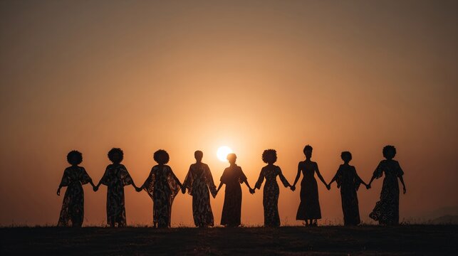 African women silhouette holding hands together on hill at sunset. Strong group of females empowering womanhood.