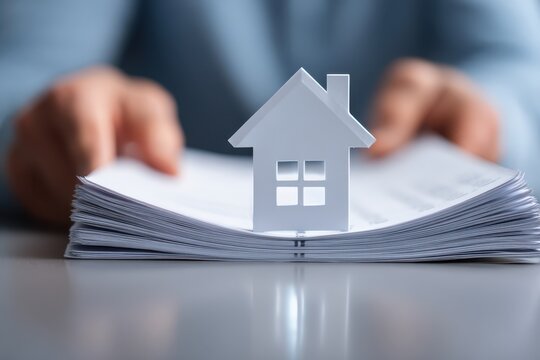 Real estate selling guide concept. Paperwork with a house model symbolizes real estate and home ownership concepts.