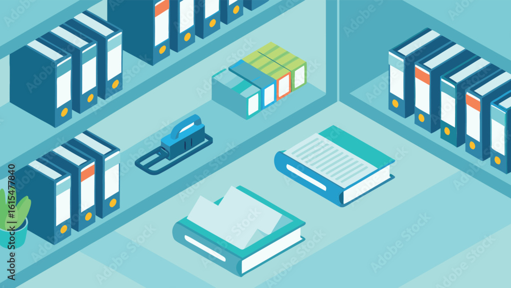 Poster isometric view of bookshelf with files books stapler and plant in a light blue color scheme design