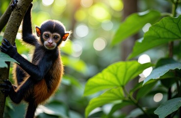 Naklejka premium Baby monkey clings to tree branch in lush green jungle environment with sunlight filtering through leaves