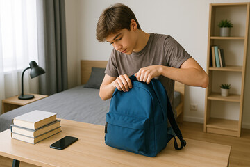 Side view portrait of a teenage boy packing backpack while getting ready for school, copy space