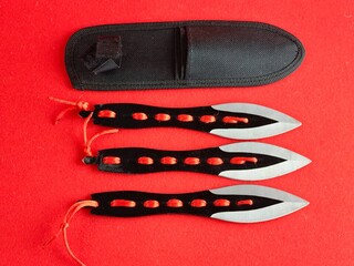 Case and three throwing knives for combat training and sport throwing on a red background.