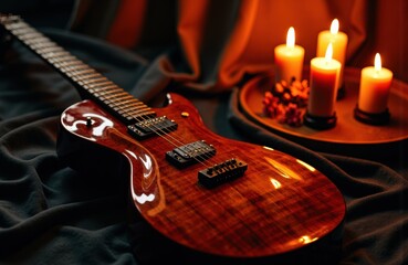 Fototapeta premium **** Electric guitar with a glossy wooden finish surrounded by candles and dark fabric