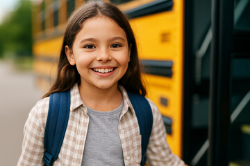 Back to school concept. Smiling girl with backpack stands near school bus