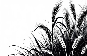 Black and white illustration of wheat stalks with detailed grains and leaves on a white background