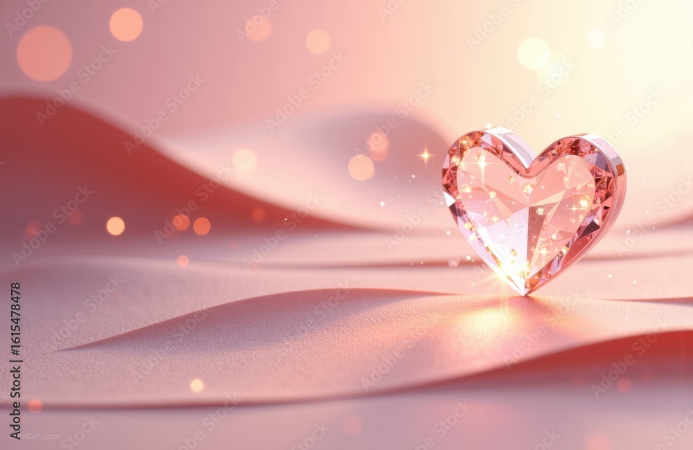 Poster a sparkling pink gemstone heart resting on a soft pink surface with glowing bokeh lights in the back