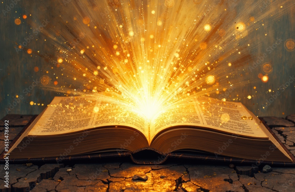Poster open book with glowing light and sparkles emerging from its pages creating a magical effect